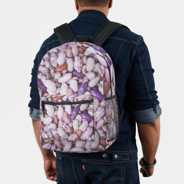 Shiny white and purple cool beans printed backpack (Insitu (Model))