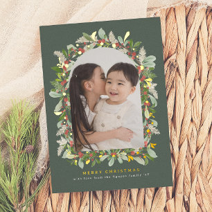 Shiny Winter Garden Green Arch Christmas 1 Photo Foil Holiday Card