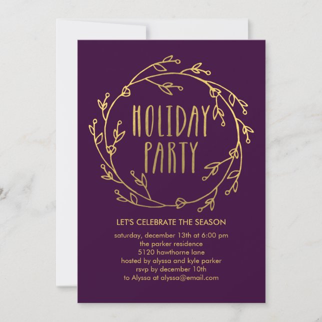 Shiny Wreath Holiday Party Invitation - Purple (Front)