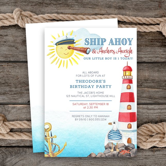 Ship Ahoy Anchors Aweigh Boy's Nautical Birthday Invitation (Nautical themed boys birthday invitation)