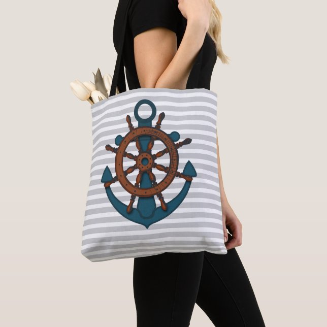 Ship Anchor & Wheel Grey Stripes  Tote Bag (Close Up)