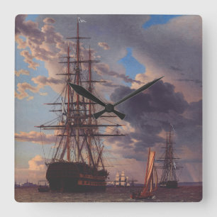 Ship and a Frigate at Anchor Square Wall Clock