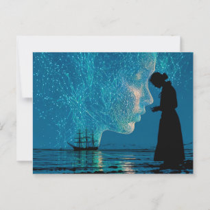 Ship and constellations, woman standing by shore postcard