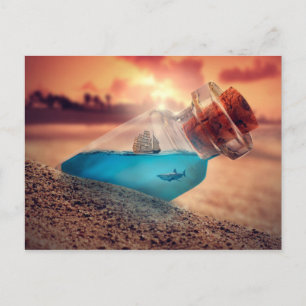 Ship and shark in the bottle postcard