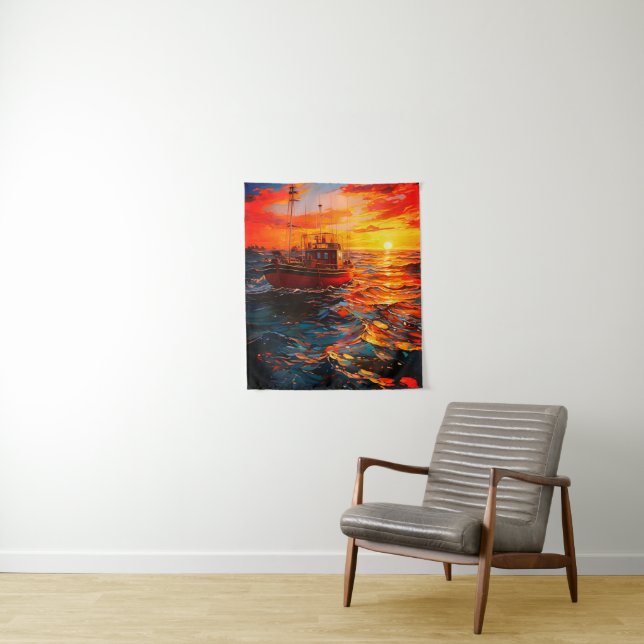 Ship at Sunset Tapestry (In Situ)