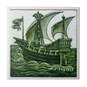 Ship By William * De Morgan Green Eggshell      Tile