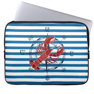 Ship Compass and Lobster Blue and White Stripe Laptop Sleeve