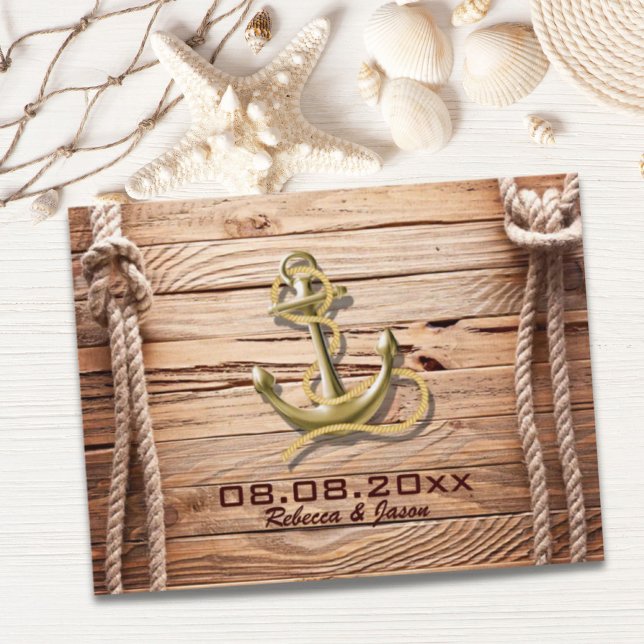 ship dock wood beach anchor nautical save the date announcement postcard (ship dock wood beach anchor nautical save the date announcement postcard)