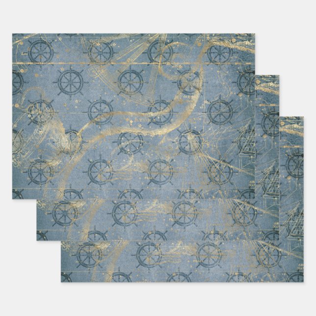 Ship Helm on Blue Wrapping Paper Sheet (Set)