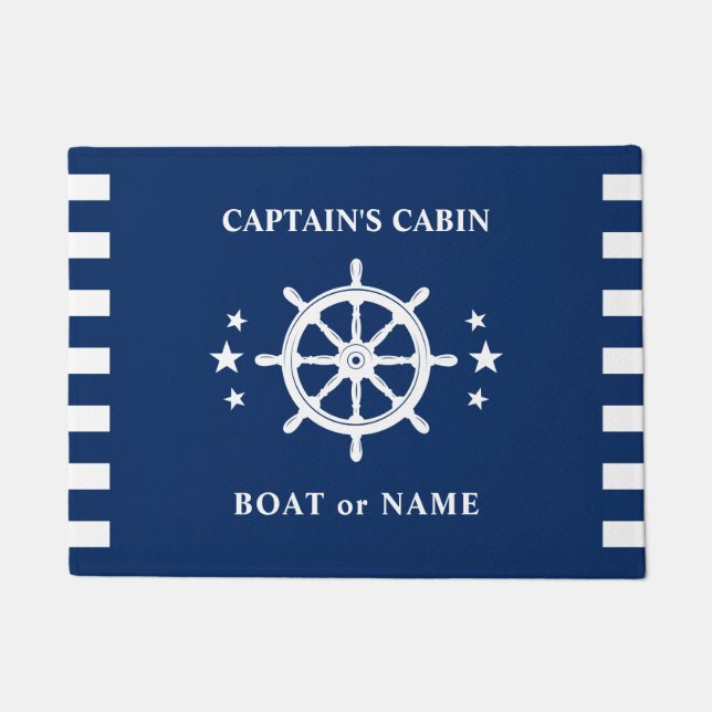 Ship Helm Wheel Captain Cabin Boat Name Navy Blue Doormat (Front)