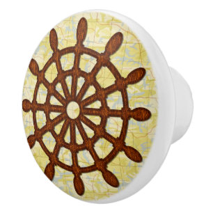 Ship Helm Wheel in Wood Old Map Nautical Seafaring Ceramic Knob