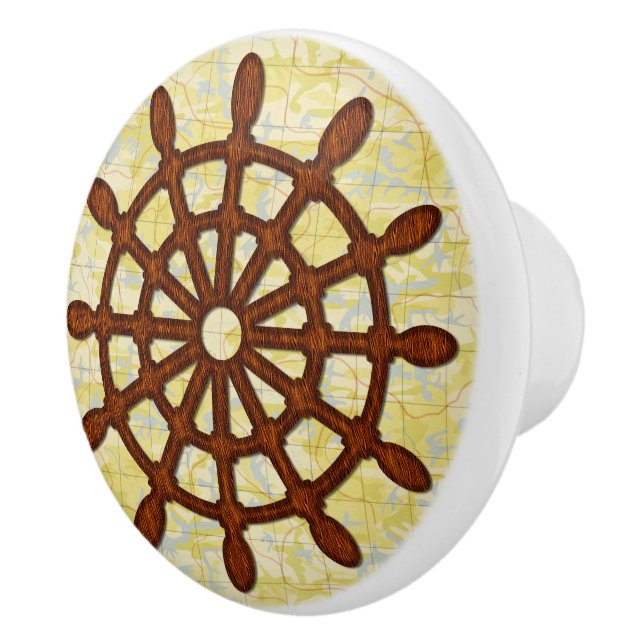 Ship Helm Wheel in Wood Old Map Nautical Seafaring Ceramic Knob (Right)