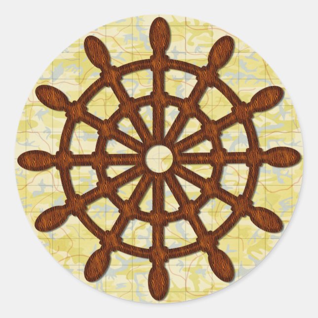 Ship Helm Wheel in Wood Old Map Nautical Seafaring Classic Round Sticker (Front)