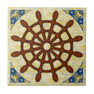 Ship Helm Wheel in Wood Old Map Nautical Seafaring Tile