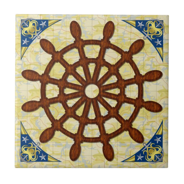 Ship Helm Wheel in Wood Old Map Nautical Seafaring Tile (Front)
