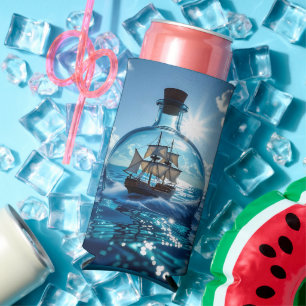 Ship in a Bottle Floating on the Ocean Seltzer Can Cooler