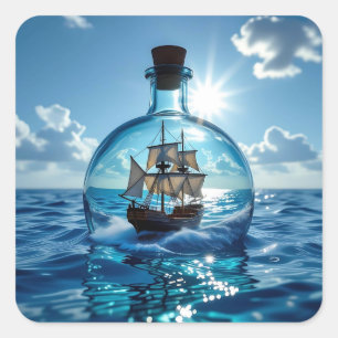 Ship in a Bottle Floating on the Ocean Square Sticker
