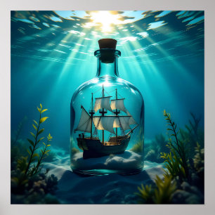Ship in a Bottle in the Ocean Poster