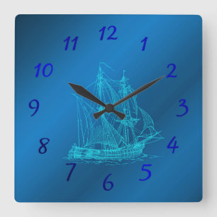 ship in blue watches square wall clock