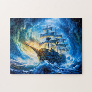 Ship in Glowing Blue Ocean Fantasy Painting Jigsaw Puzzle