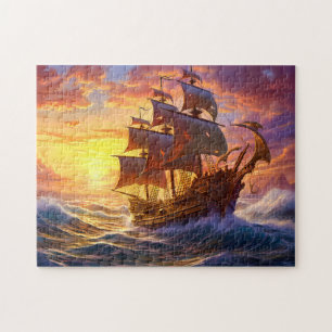 Ship in Golden Sunset Storm Fantasy Painting Jigsaw Puzzle