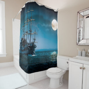 Ship in moon light shower curtain
