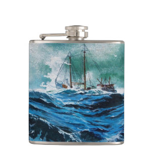 Ship In the Sea in Storm Hip Flask