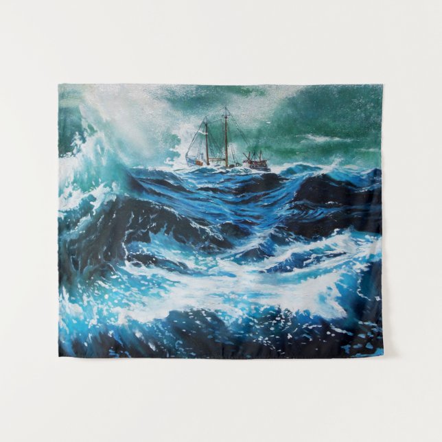 Ship In the Sea in Storm, Nautical ,Navy Blue Tapestry (Front (Horizontal))