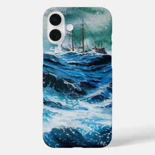 Ship In the Sea in Storm / Navy Blue iPhone 16 Plus Case