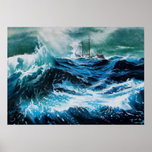 Ship In the Sea in Storm Poster