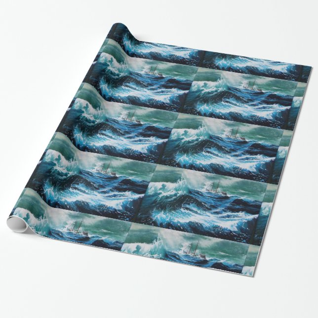 Ship In the Sea in Storm Wrapping Paper (Unrolled)