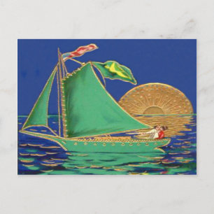 Ship Irish Flag American Flag Sun Boat Postcard