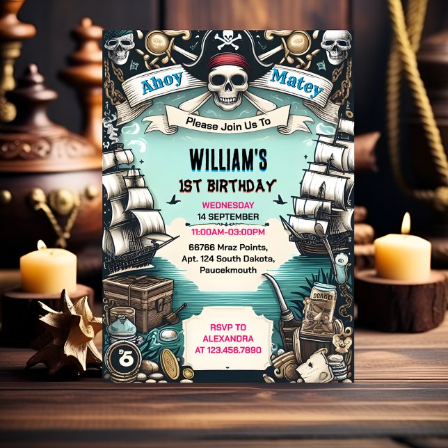 Ship Kids Cool Flag Boat Pirate 1st Birthday Invitation (Creator Uploaded)