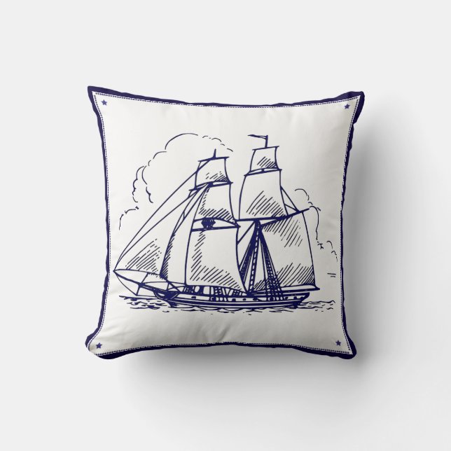 Ship Line Drawing Blue on White Pillow (Front)