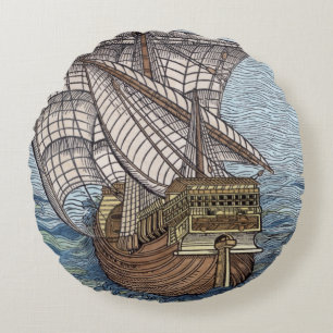 Ship of Columbus'Time' Round Cushion