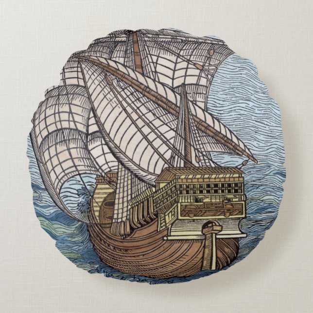 Ship of Columbus'Time' Round Cushion (Front)