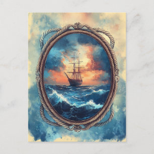 Ship on Stormy Sea Rope Border Art Postcard