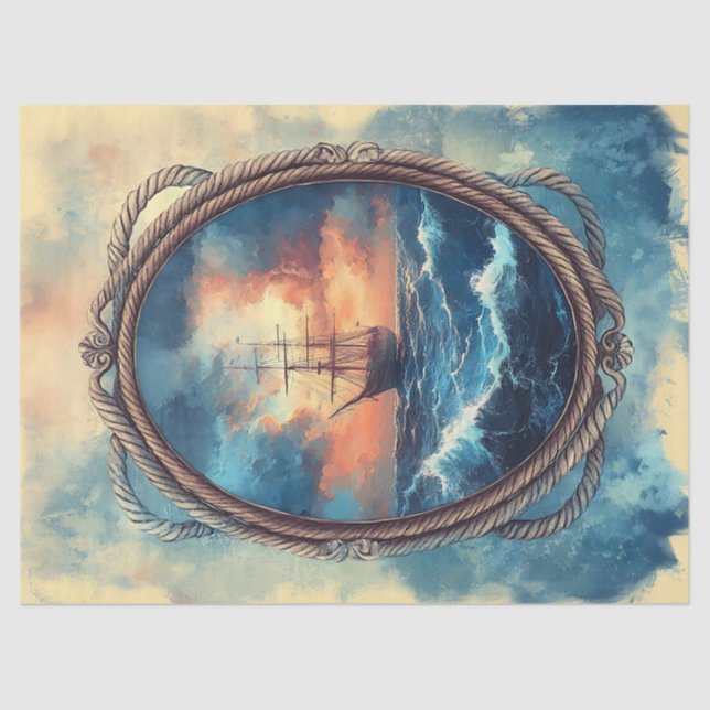 Ship on Stormy Sea Rope Border Decoupage Tissue Paper (Front)