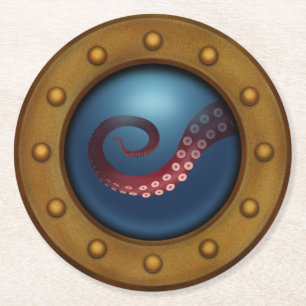 Ship Porthole With Octopus Nautical Submarine Round Paper Coaster