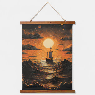 Ship sailing in the night hanging tapestry