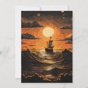 Ship sailing in the night holiday card