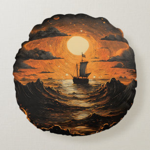 Ship sailing in the night round cushion