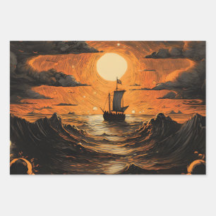 Ship sailing in the night wrapping paper sheet