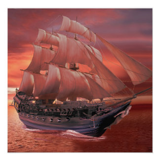 SHIP SAILS AT SUNSET POSTER