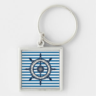 Ship Wheel Blue and White Stripe Key Ring