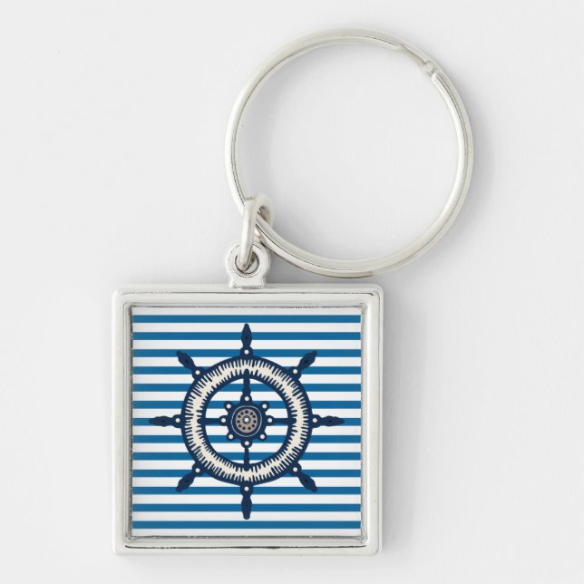 Ship Wheel Blue and White Stripe Key Ring (Front)