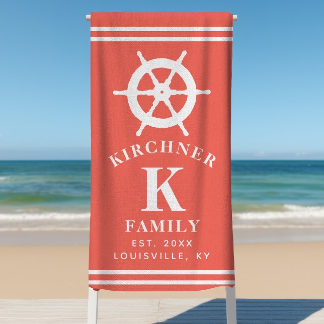 Ship Wheel Boating Boat Captain Family Name Coral Beach Towel (Creator Uploaded)