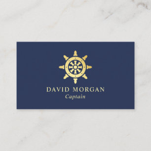 Ship Wheel Logo Boat Captain Navy And Gold Business Card