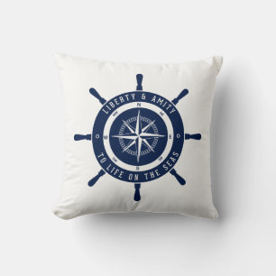 Ship Wheel, Nautical Star - Blue, White - Nautical Cushion