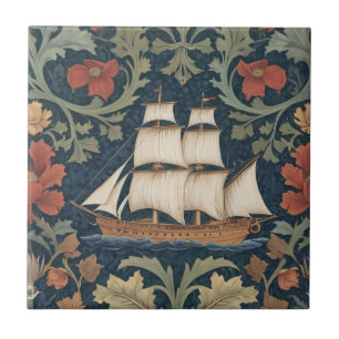 Ship William Morris style ocean sea nautical boat Tile